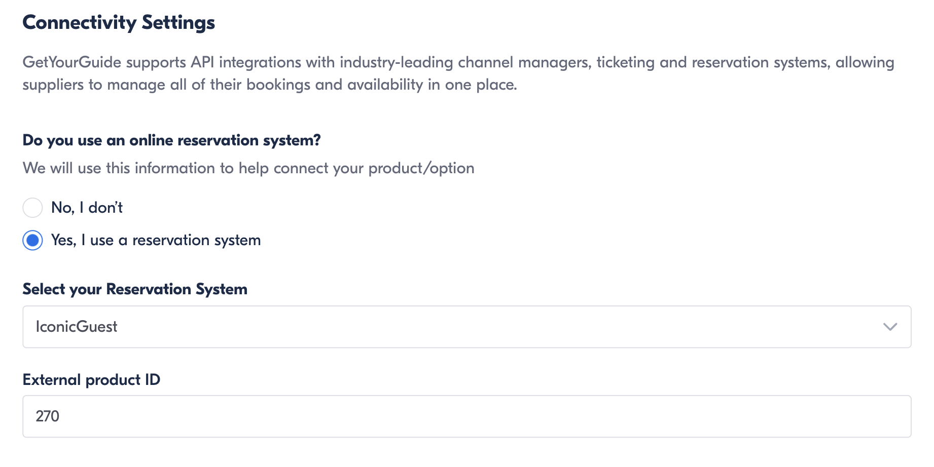 Connectivity Settings: επιλογή IconicGuest και External product ID στο GetYourGuide